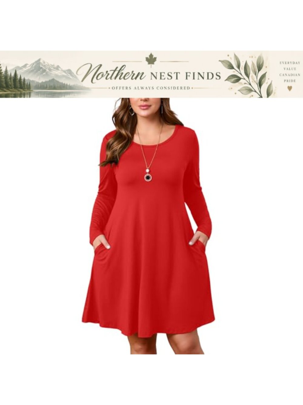 Plus Size Midi Dress Crew Neck Long Sleeve A-Line Flowy with Pockets